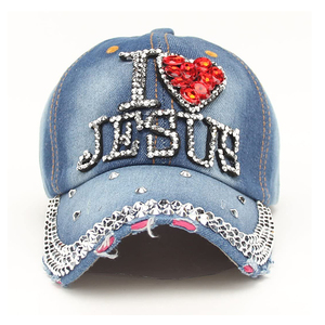 Gorra de Béisbol Personalizada 'I <span class=keywords><strong>Love</strong></span> Jesus' con Logotipo de Diseño Privado, Estilo Deportivo en Mezclilla y Pedrería Termoadhesiva, Fabricada al por Mayor - Product Image 2