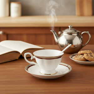 Service à thé élégant en porcelaine fine avec soucoupe, bordure or et rouge, écologique, durable, vaisselle haut de gamme pour hôtels, service de thé et repas raffinés - Product Image 5