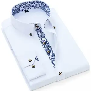 新设计男装对比色双领纽扣男式正式衬衫