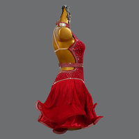 Robe de concours de danse latine professionnelle pour femmes adultes, rouge, à franges, en maille, avec strass, design asymétrique, en spandex