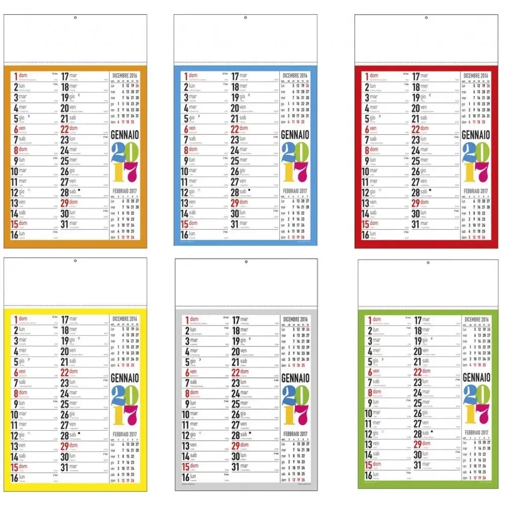 Red, Orange, Green, Grey, Light Blue, Yellow