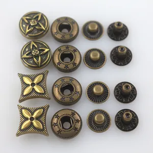 Custom engraved logo flower pattern spring snap fastener metal four part snap button for clothing