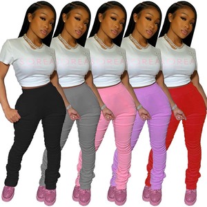 Leggings impilati delle donne dei pantaloni increspati <span class=keywords><strong>vita</strong></span> <span class=keywords><strong>alta</strong></span> di colore solido di estate XS-2XL di vendita superiore - Product Image 1