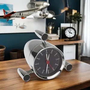 Modern Design 3D Airplane Desk Clock Silver Plated Metal With Alarm Function For Desktop Or Gifts