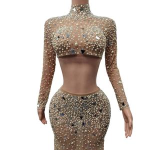 Sexy Mesh Pailletten Diamond Top Langer Rock <span class=keywords><strong>2</strong></span>-teiliges Set Bühnen kleidung Geburtstags feier Feier kleid Frauen Bankett <span class=keywords><strong>Prom</strong></span> Abendkleid - Product Image 4