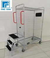 Chariot de ramassage de commandes polyvalent à 3 niveaux avec paniers métalliques, échelle escamotable, 5 roulettes pivotantes, poignée rouge, pour usine