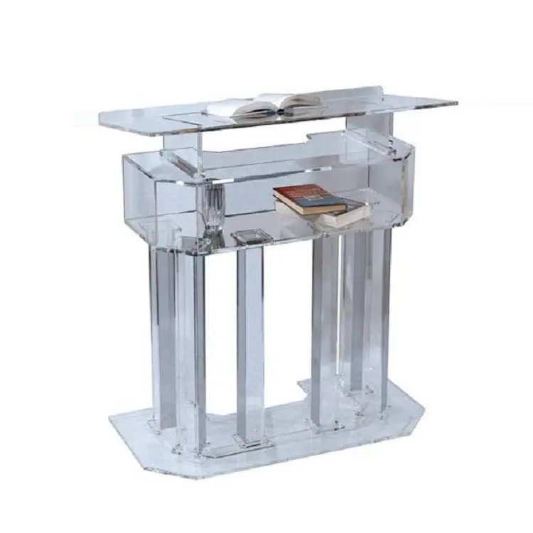 3 Tier Clear Acrylic Lectern Podium Pulpit with 6 Column Base and a Wide Middle Shelf For Presentation