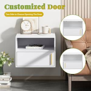 2025 Unique Bedroom White Wood <strong>Bedside</strong> <strong>Table</strong> <strong>Cheap</strong> Wall Mounted Storage Floating Nightstands <strong>Set</strong> <strong>of</strong> <strong>2</strong> With Open Shelf and Door - Product Image 2