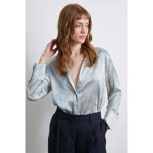 Camisa de Satén con Estampado y Cuello en V para Mujer, Azul, Casual, para Uso Diario, Transparente - Product Image 2