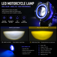 Projecteur de phare antibrouillard LED pour moto LELANPU, lentille de projecteur, anneau bleu ange, œil de démon rouge, double couleur, étanche IP67, projecteur pour ATV UTV