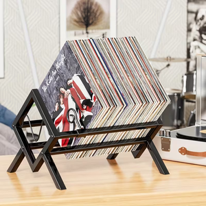 Supporto Pieghevole in Legno e Ferro per Dischi in Vinile con Barra Divisoria, per Conservazione Rapida di 80-100 LP - Product Image 1