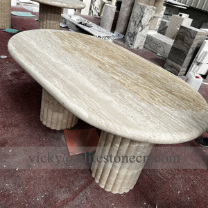 Table à manger de haute qualité en pierre solide beige travertin avec base en flûte pour la maison, le restaurant ou l'hôtel - Product Image 5