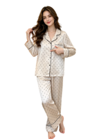 Ensemble de pyjama décontracté et élégant en satin à pois pour femme, en polyester, avec taille élastique confortable, manches longues et coupe longue