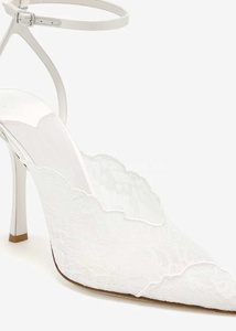 Tacones de boda de encaje blanco completo, sexys, de 100 mm, de cuero genuino, con correa al tobillo, sandalias con tiras, zapatos de tacón de aguja brillantes para fiesta de graduación, zapatos de encaje color marfil. - Product Image 5