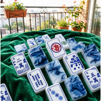 Jeu de tuiles de mahjong américain en acrylique marbré bleu, personnalisé, avec support de voyage, motifs Dragon et Bambou, pour le divertissement, cadeau blanc