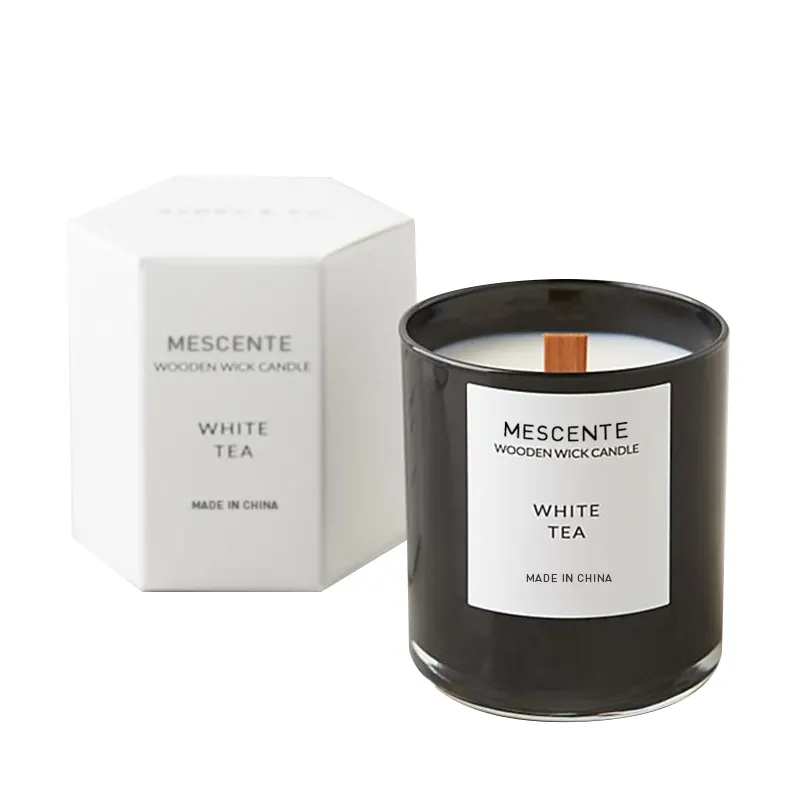 Mescente, частная торговая марка, деревянные фитили, белый чай, ароматические соевые свечи в баночках, деревянная фитильная свеча