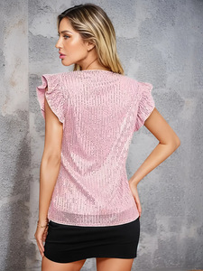 <span class=keywords><strong>Camiseta</strong></span> de punto de poliéster con cuello en V sexy <span class=keywords><strong>y</strong></span> volantes, diseño nuevo de verano para <span class=keywords><strong>mujer</strong></span> europea <span class=keywords><strong>y</strong></span> americana - Product Image 5