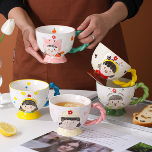 Taza de Desayuno de Cerámica con Doble Relieve Pintado a Mano, Gran Capacidad, Diseño de Niña de Dibujos Animados, para Navidad, Avena, Agua, Leche, Café - Product Image 1