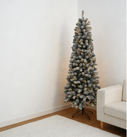 Sapin de Noël artificiel haut et mince de luxe, écologique, de haute qualité, floqué argenté, pré-éclairé, avec support métallique, pour décoration intérieure