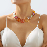 Collier et boucles d'oreilles géométriques carrés en acrylique multicolores tendance pour femme, couleurs bonbon estivales