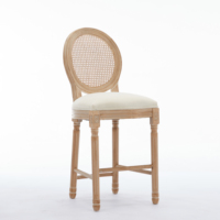 Ensemble de 2 tabourets de bar en bois massif avec dossier en rotin et assise rembourrée beige pour comptoir de cuisine