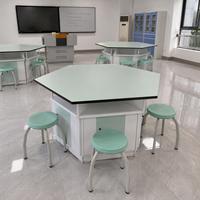 Banc de laboratoire hexagonal, table de laboratoire hexagonale, bureau de laboratoire de chimie scolaire, table hexagonale pour étudiants avec chaises, université