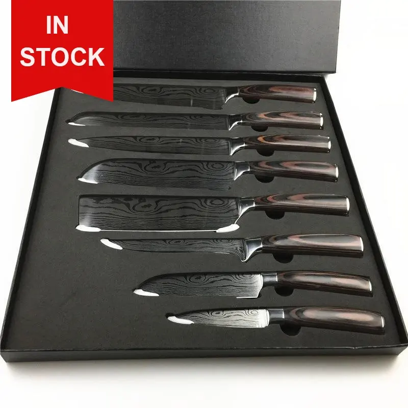 Best Product 8 Pieces Handmade Forged Damascus Steel Knife 8 Inch Damascus Steel Laser Pattern Kitchen Chef Knife Set