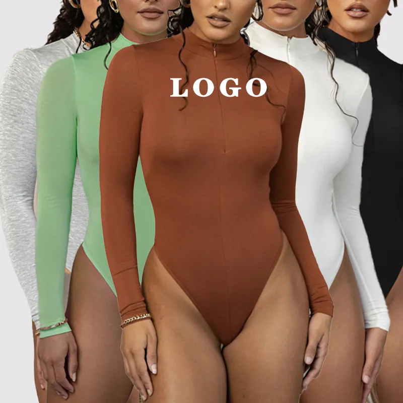 Body Sexy à manches longues pour femmes, combinaison avec fermeture éclair, Logo personnalisé imprimé, taille haute, gris, vert, noir, Clubwear, vente en gros, printemps