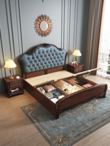 Lit king-size capitonné de luxe, lit queen-size classique en bois avec tête de lit capitonnée, meubles de chambre élégants pour la maison - Product Image 4