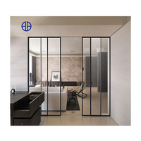 Porte coulissante intérieure avec système de fixation miroir, dessus en verre, porte coulissante murale en aluminium noir pour toilettes