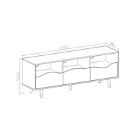 Console multimédia avec portes ondulées en faux travertin, rangement ouvert, trous pour câbles et pieds en bois pour salon