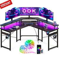 Bureau de jeu ergonomique pour ordinateur portable PC 1,2/1,4/1,6 m avec éclairage d'ambiance LED RGB et étagères pour moniteur