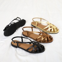 Sandales romaines rétro en PU tressé ajouré, à bout ouvert, à talon bas, pour femme, à bride unique, couleur unie, antidérapantes