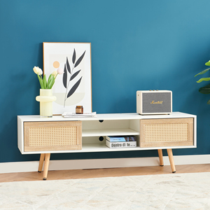Rattan TV Cabinet 55.12 In Double <b>Sliding</b> Doors Adjustable <b>Shelf</b> Solid Wood Legs Living Room Console - Product Image 3
