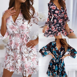 Abito da donna primavera stampa floreale con scollo a V Casual a <span class=keywords><strong>tre</strong></span> <span class=keywords><strong>quarti</strong></span> <span class=keywords><strong>manica</strong></span> con volant abito Modulare elegante da donna a linea per feste Vestidos 2024 - Product Image 4