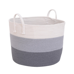 <b>Large</b> Cotton Rope Woven <b>Storage</b> <b>Basket</b> Round With Handles For Clothes And Toys White And Gray Color Scheme Handmade - Product Image 5