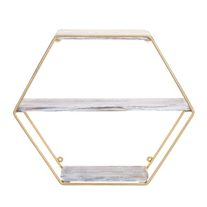 Hexagonal <b>Wall</b> Mounted <b>Shelf</b> 3 Tier Wooden With <b>Gold</b> Frame For Living Room Storage Display - Product Image 4
