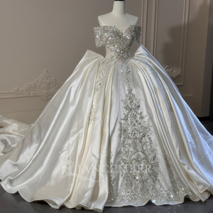 Robe de mariée moderne XS288 en satin, épaules dénudées, longue traîne, style bouffant, pour femmes - Product Image 3