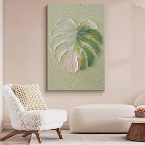 Hand Painted Oil Painting Monstera <b>Leaf</b> Art Rectangle Modern Minimalist Living Room Sofa Background <b>Wall</b> <b>Decor</b> - Product Image 2