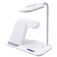 Station de recharge sans fil 4-en-1 15W avec lampe LED à col de cygne réglable pour téléphone, montre, écouteurs et sortie USB – Idéale pour bureau et chevet