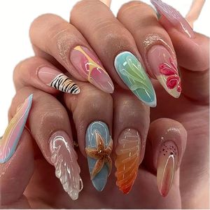 Faux ongles carrés 3D faits à la main, effet brillant, motif champ de lavande - Product Image 1