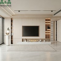 Mueble de TV de pared SLS de madera clara con marco multimedia empotrado, chimenea lineal, panel acanalado y nichos con pantalla LED