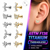 Perhiasan Tindik Telinga Wanita Titanium ASTM F136 Model Kupu-kupu Bunga Berkilau dengan Zirkon dan Batu CZ Flat Back untuk Pernikahan
