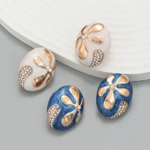 YANYE 2 색 패션 라인 석 타원형 스터드 귀걸이 섬세한 에나멜 꽃 모양의 귀걸이 모조 다이아몬드