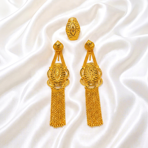 Women's 24K Gold Plated Diamond Tassel <b>Earring</b> and Ring Set Ethnic Wedding Gift Party Jewelry Brass Fashion - Product Image 1