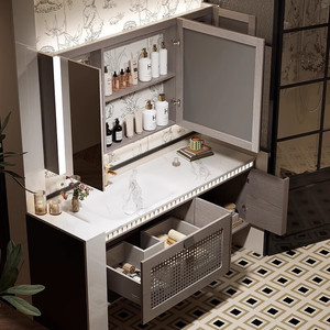 New Chinese style bathroom vanity <b>open</b> makeup <b>storage</b> side cabinet bathroom makeup area LED - Product Image 3