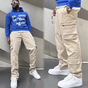 Calça cargo personalizada masculina, 100% algodão, solta, de corrida, bege, logotipo, hip hop streetwear, moletom