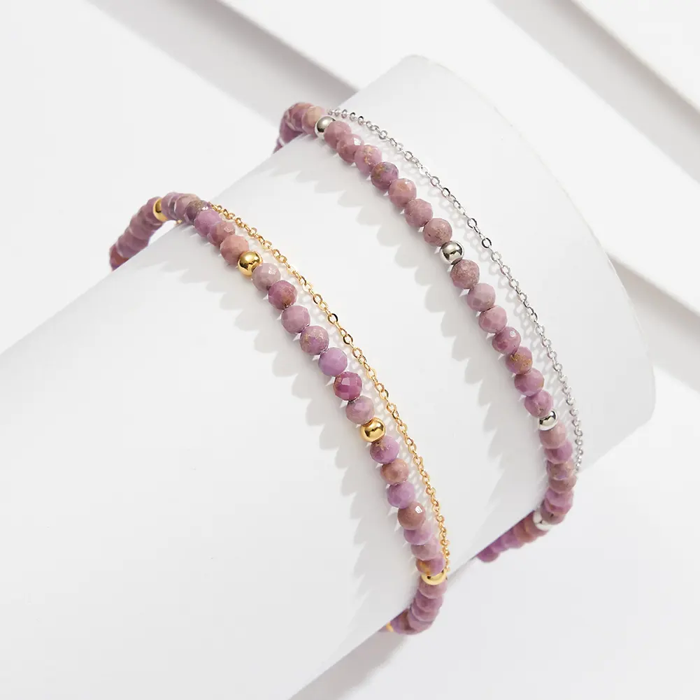 RINNTIN SA88 Bracelet de cheville en perles de mica violettes à double couche de style bohème personnalisé Bracelet de cheville en argent sterling avec perles en or