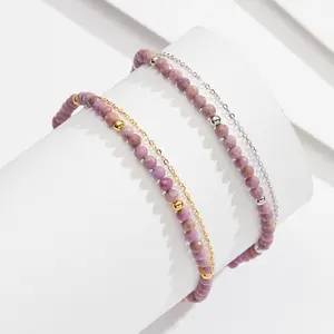 RINNTIN SA88 Custom Boho Style Double Layers Purple Mica Bead Foot Bracelet Anklets Gold Bead Sterling Silver Ankle Bracelet