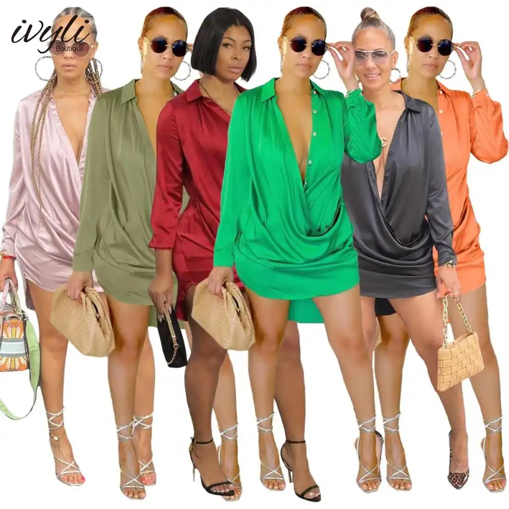 Good Quality Women Dress Irregular Design Lady Elegant Silk Satin Shirt Dress V Collar Long Sleeve Sexy Club Party Short Dress